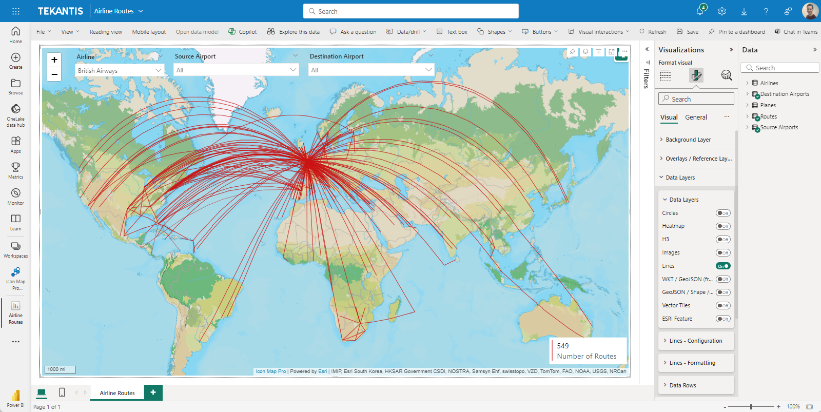 An example report built using Icon Map Pro showing Airline Routes