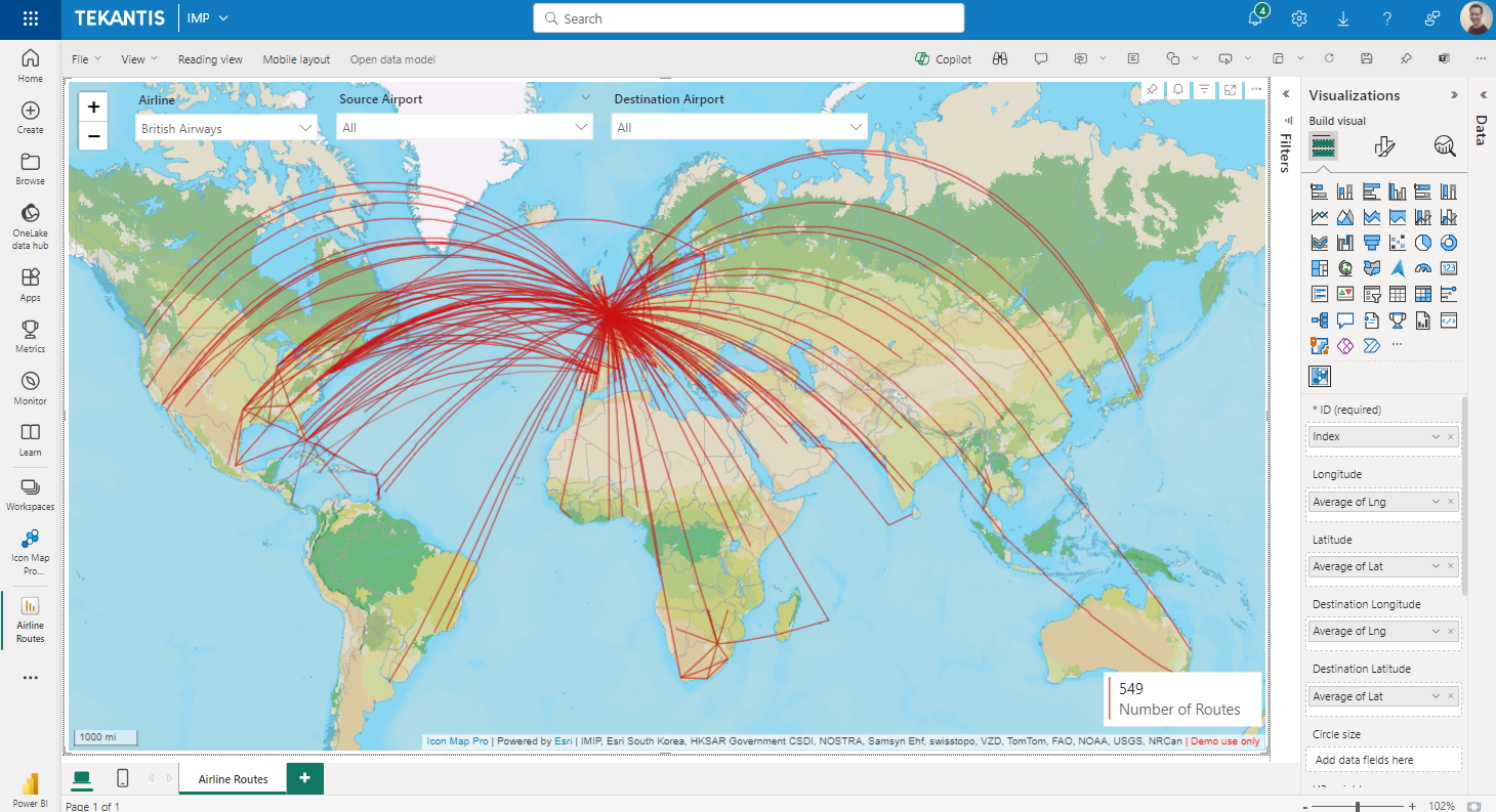 Lines representing the routes flown by airlines