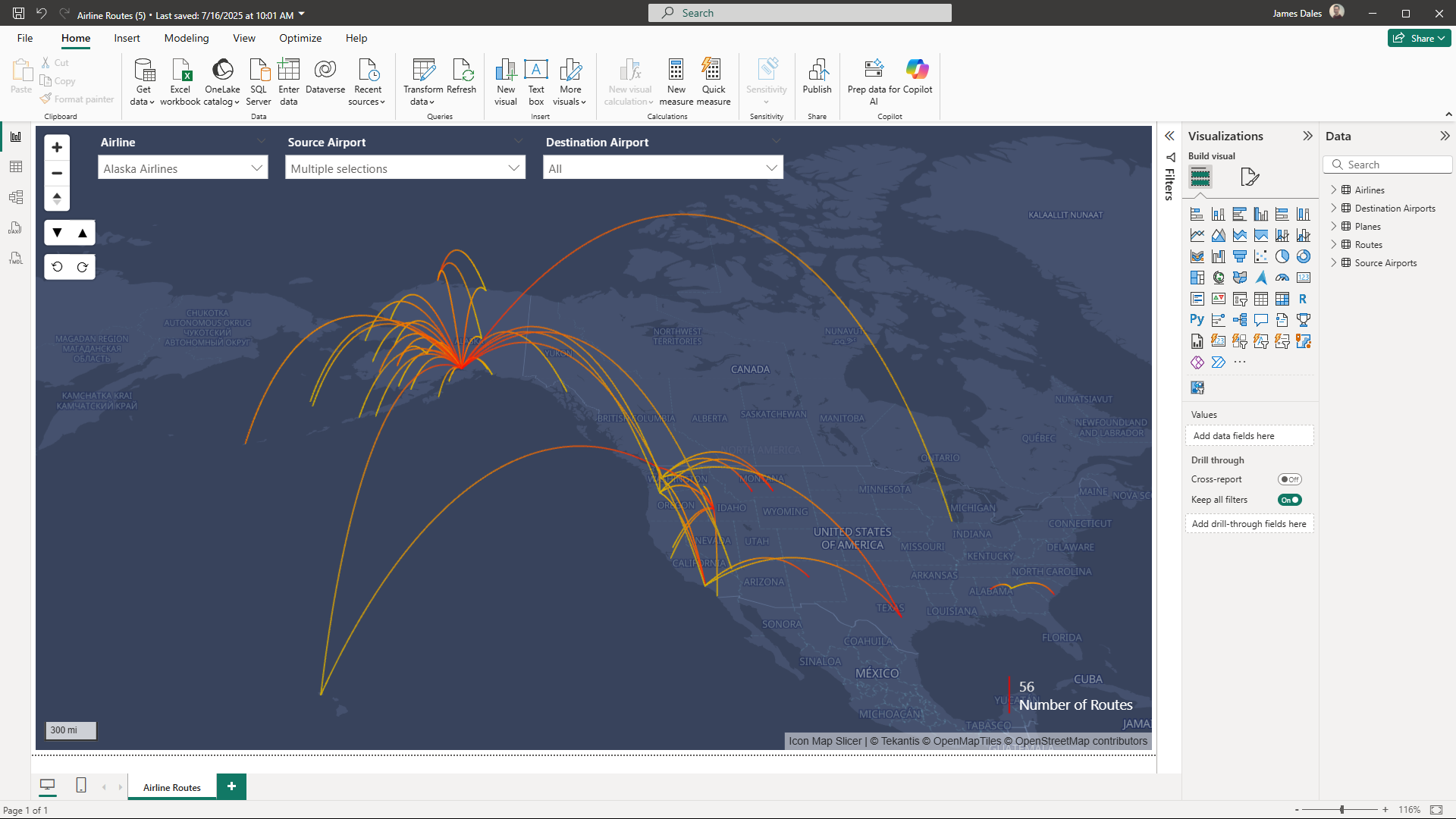 An example report built using Icon Map Slicer showing Airline Routes
